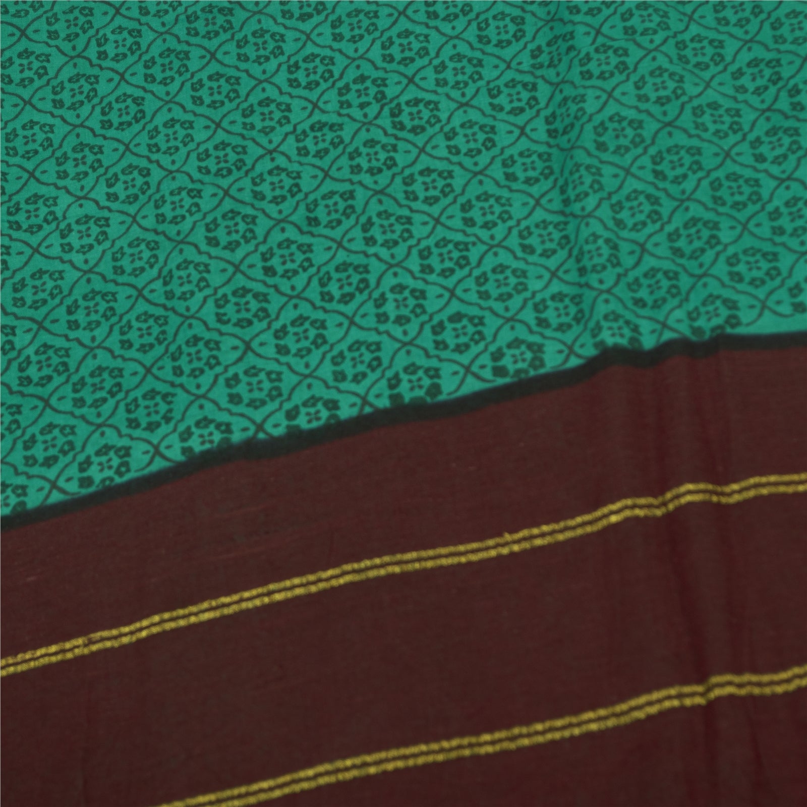 Sanskriti Vintage Saree Green-Dark Red 100% Pure Cotton Hand Block Printed & Zari Woven 5.5+Yd Craft Fabric For Upcycled Sarongs, Dress