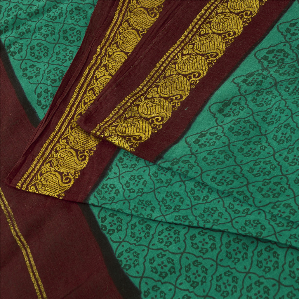 Sanskriti Vintage Saree Green-Dark Red 100% Pure Cotton Hand Block Printed & Zari Woven 5.5+Yd Craft Fabric For Upcycled Sarongs, Dress