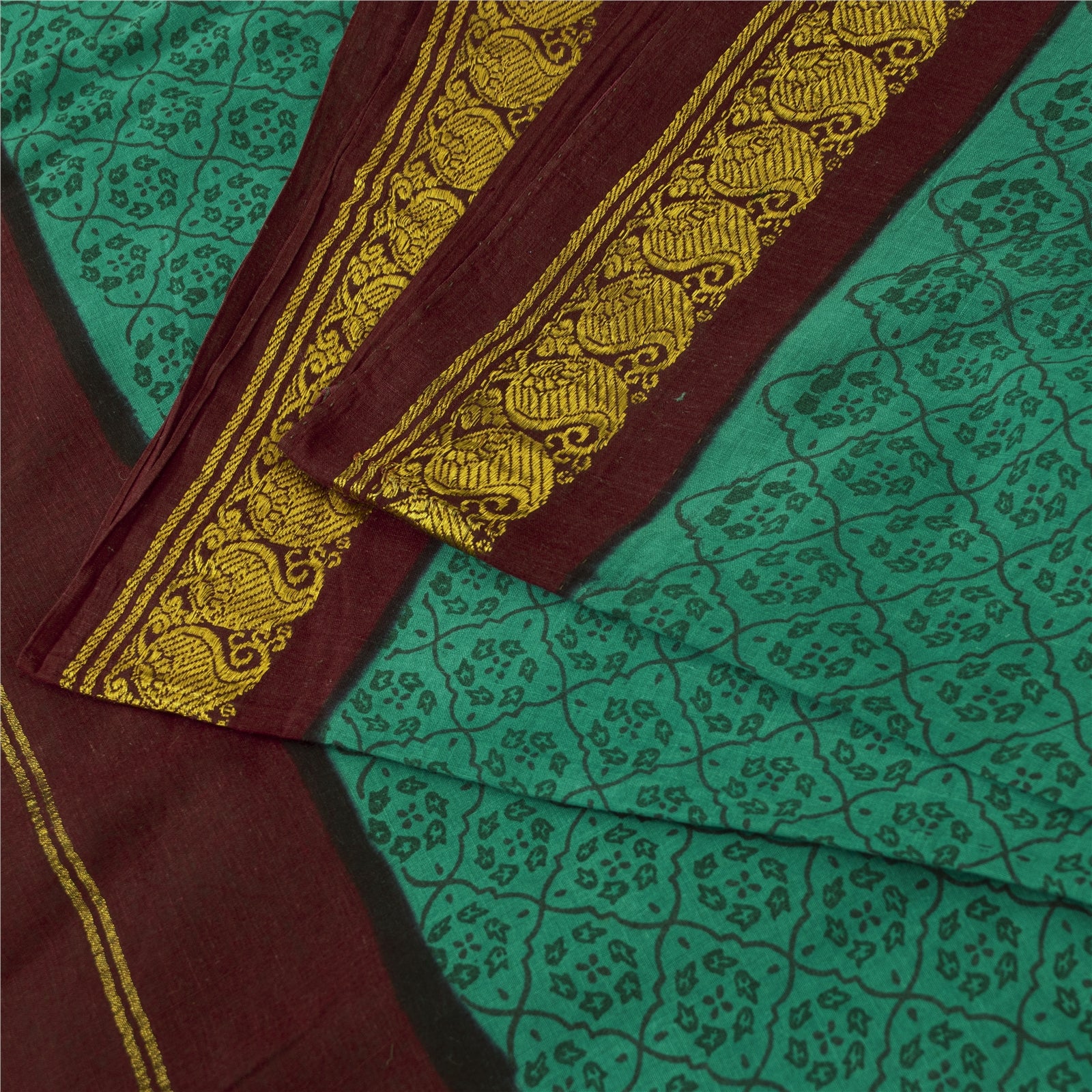 Sanskriti Vintage Saree Green-Dark Red 100% Pure Cotton Hand Block Printed & Zari Woven 5.5+Yd Craft Fabric For Upcycled Sarongs, Dress