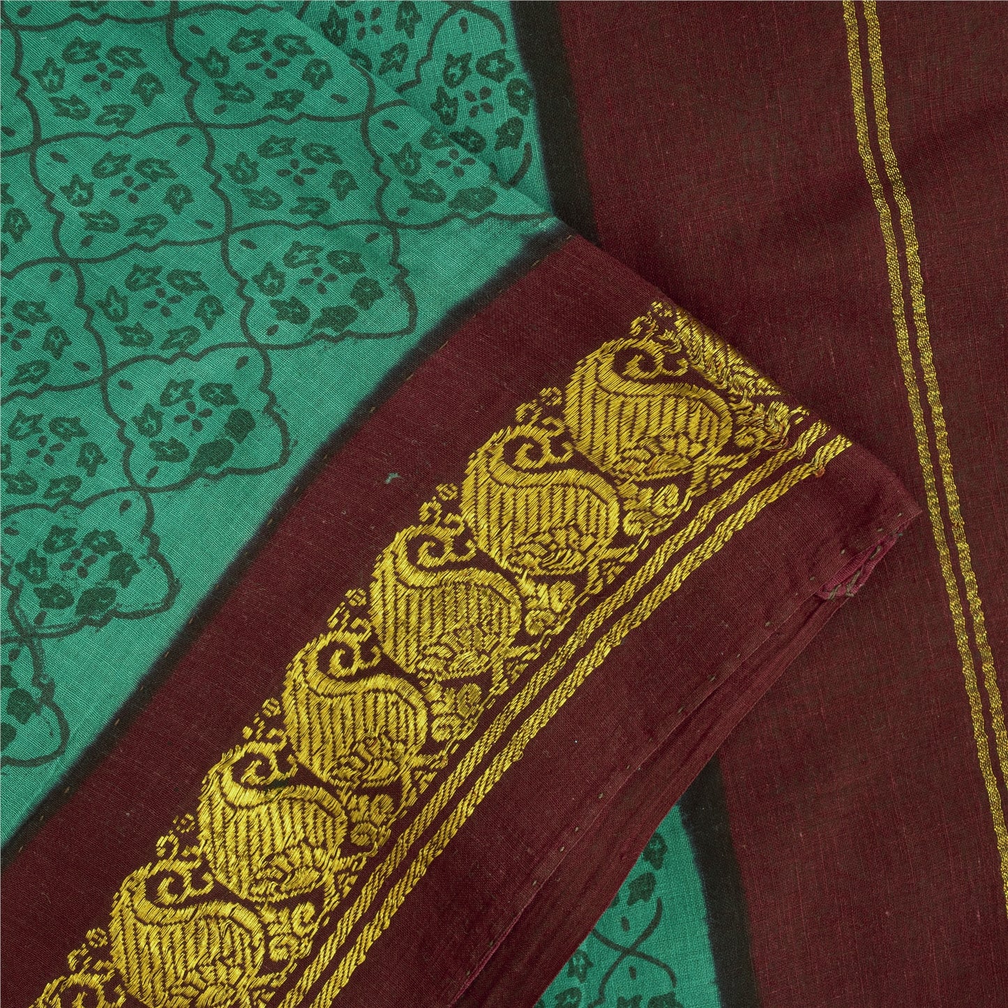 Sanskriti Vintage Sarees Green Pure Cotton Printed & Zari Woven 5+ydCraft Fabric