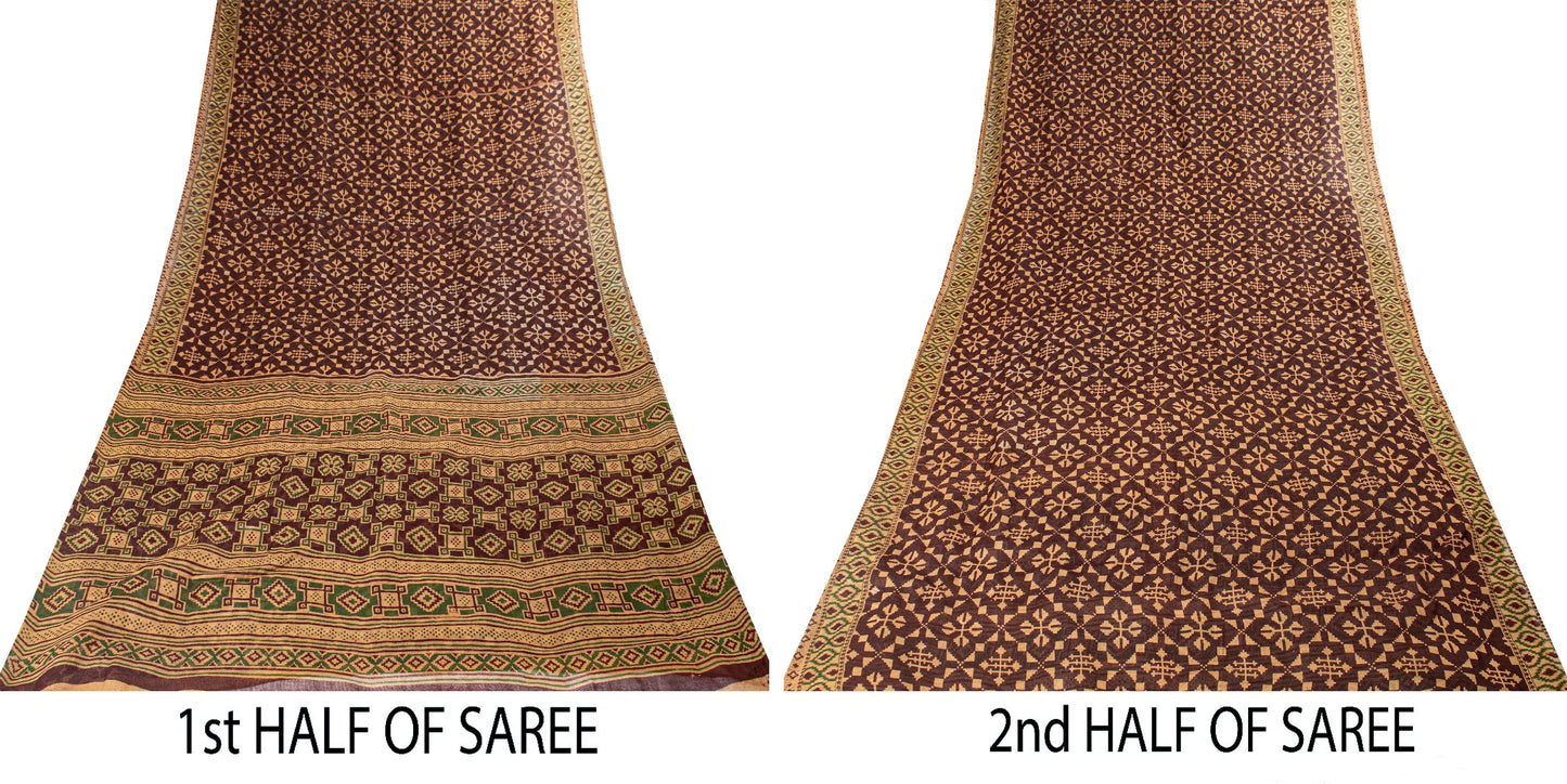 Sanskriti Vintage Sarees Dark Red Pure Cotton Patan Patola FloralPrint 5+YD Sari
