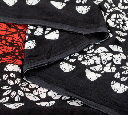 Sanskriti Vintage Sarees Red & Black Pure Cotton Batik Print Floral 5+YD Sari
