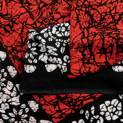 Sanskriti Vintage Sarees Red & Black Pure Cotton Batik Print Floral 5+YD Sari