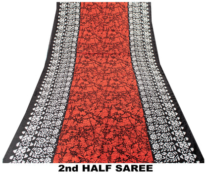 Sanskriti Vintage Sarees Red & Black Pure Cotton Batik Print Floral 5+YD Sari