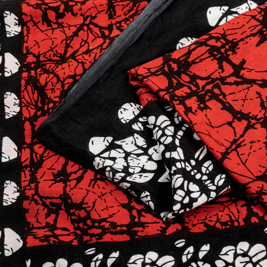 Sanskriti Vintage Sarees Red & Black Pure Cotton Batik Print Floral 5+YD Sari