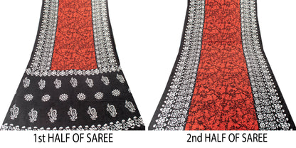 Sanskriti Vintage Sarees Red & Black Pure Cotton Batik Print Floral 5+YD Sari