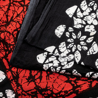 Sanskriti Vintage Sarees Red & Black Pure Cotton Batik Print Floral 5+YD Sari