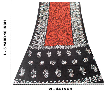 Sanskriti Vintage Sarees Red & Black Pure Cotton Batik Print Floral 5+YD Sari