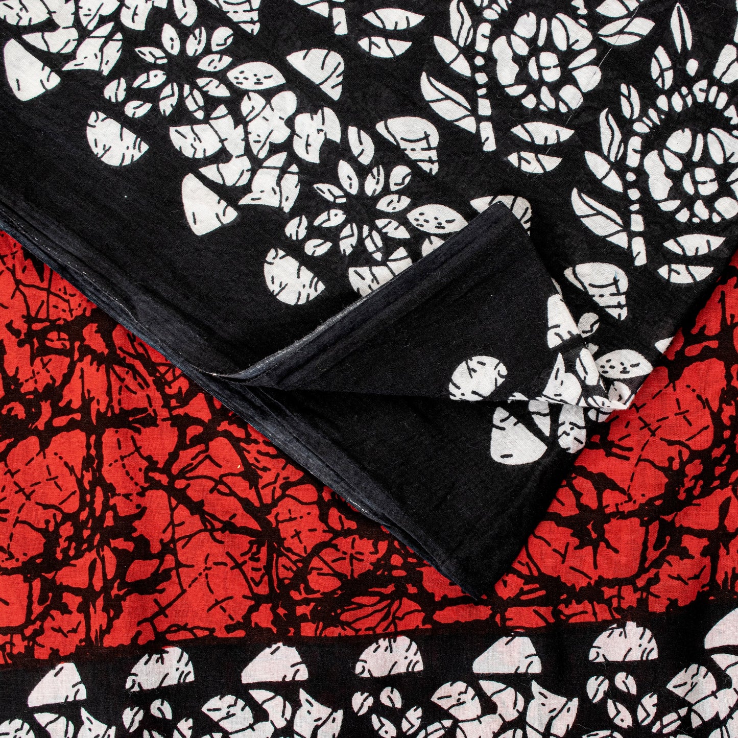 Sanskriti Vintage Sarees Red & Black Pure Cotton Batik Print Floral 5+YD Sari