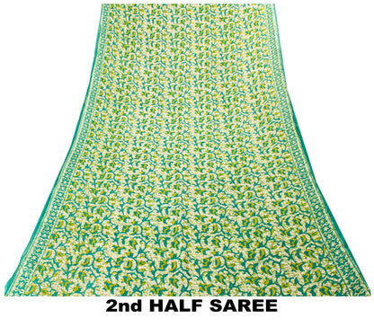 Sanskriti Vintage Sarees Green Pure Cotton Floral Print 5+YD Sustainable Sari
