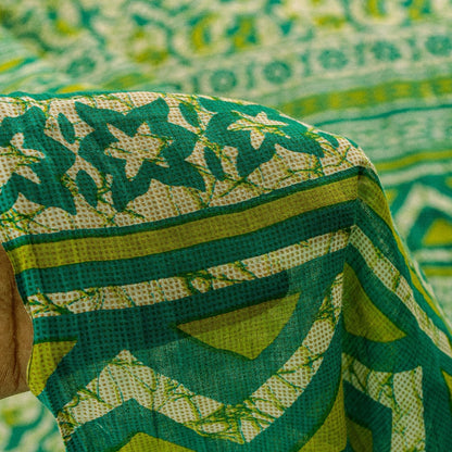 Sanskriti Vintage Sarees Green Pure Cotton Floral Print 5+YD Sustainable Sari