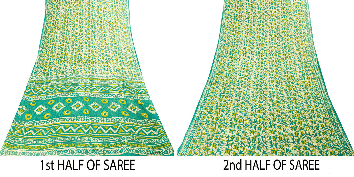 Sanskriti Vintage Sarees Green Pure Cotton Floral Print 5+YD Sustainable Sari