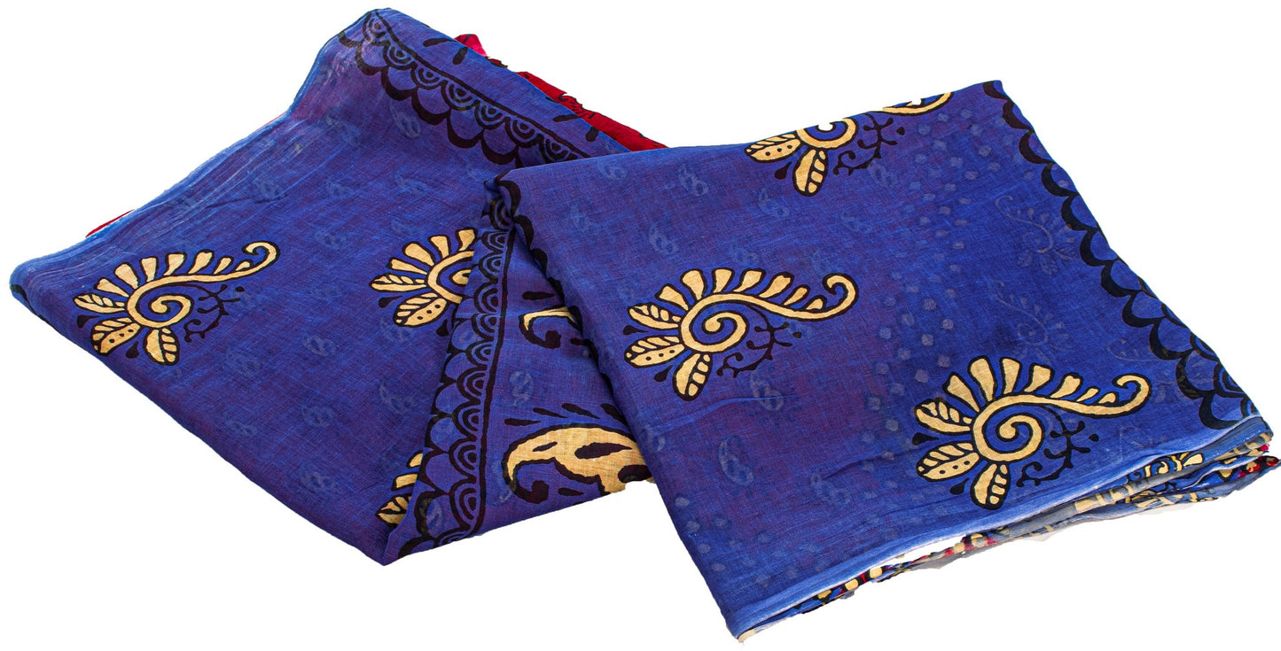 Sanskriti Vintage Saree Red & Blue 100%Pure Cotton Paisley Block Print 5+YD Sari