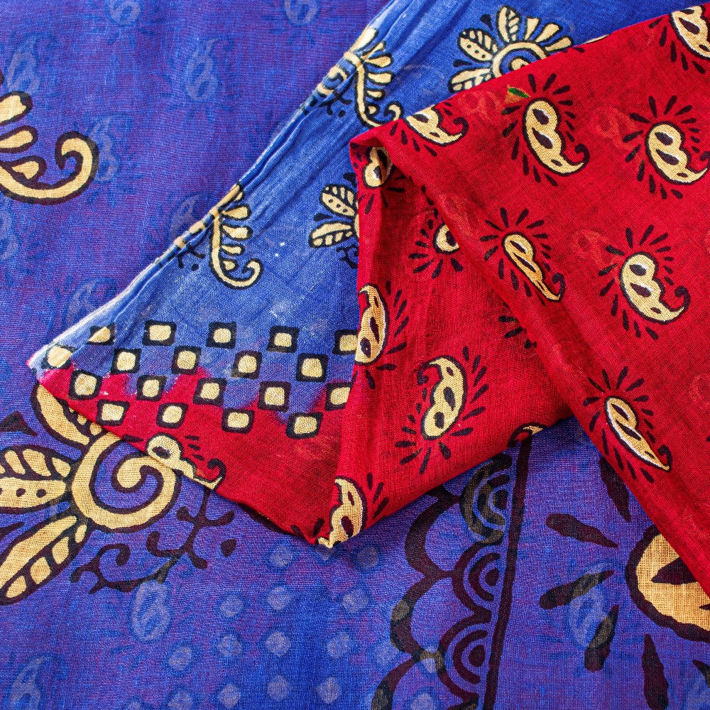 Sanskriti Vintage Saree Red & Blue 100%Pure Cotton Paisley Block Print 5+YD Sari