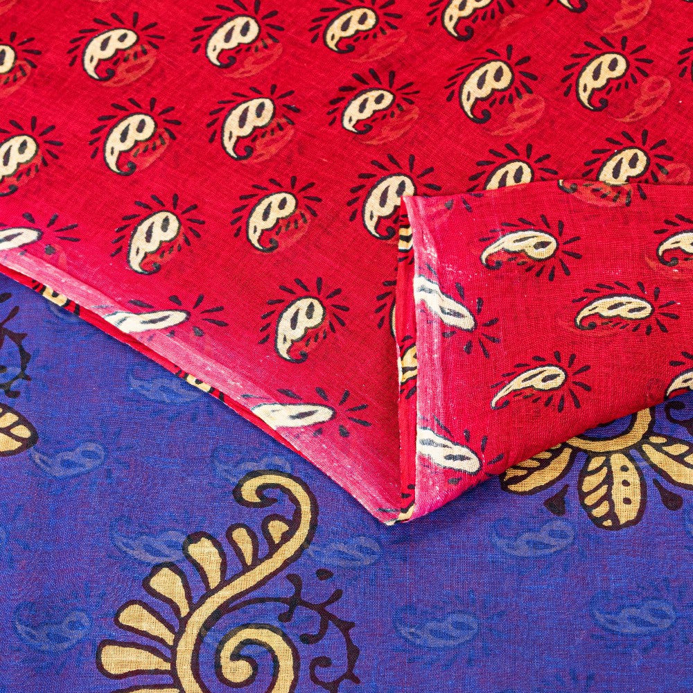 Sanskriti Vintage Saree Red & Blue 100%Pure Cotton Paisley Block Print 5+YD Sari