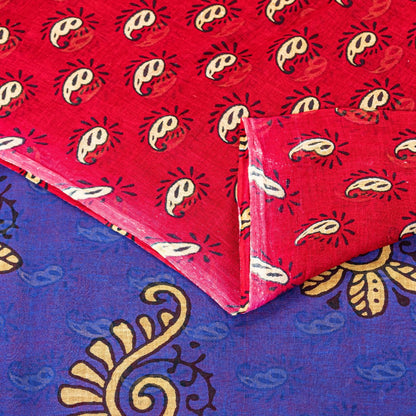 Sanskriti Vintage Saree Red & Blue 100%Pure Cotton Paisley Block Print 5+YD Sari