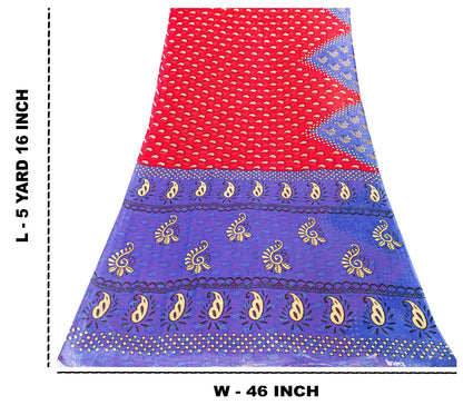 Sanskriti Vintage Saree Red & Blue 100%Pure Cotton Paisley Block Print 5+YD Sari