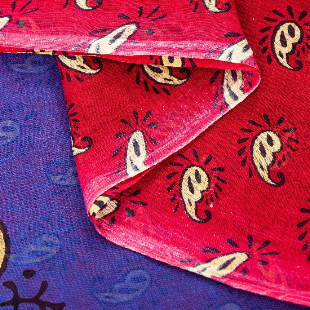 Sanskriti Vintage Saree Red & Blue 100%Pure Cotton Paisley Block Print 5+YD Sari