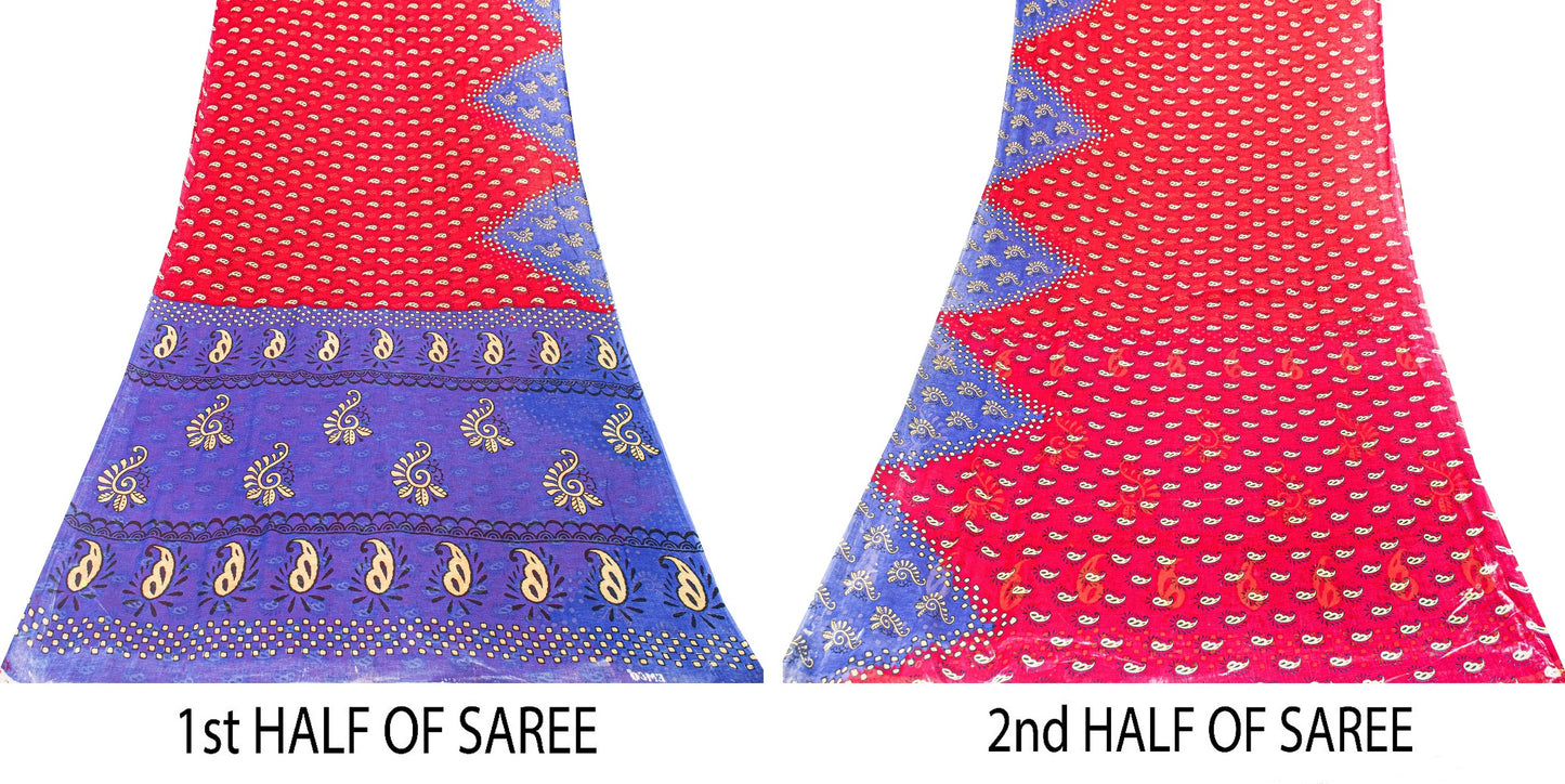 Sanskriti Vintage Saree Red & Blue 100%Pure Cotton Paisley Block Print 5+YD Sari