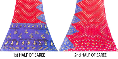 Sanskriti Vintage Saree Red & Blue 100%Pure Cotton Paisley Block Print 5+YD Sari