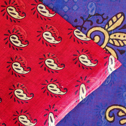Sanskriti Vintage Saree Red & Blue 100%Pure Cotton Paisley Block Print 5+YD Sari