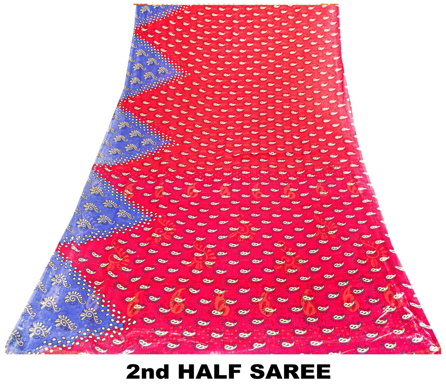 Sanskriti Vintage Saree Red & Blue 100%Pure Cotton Paisley Block Print 5+YD Sari