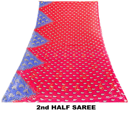 Sanskriti Vintage Saree Red & Blue 100%Pure Cotton Paisley Block Print 5+YD Sari