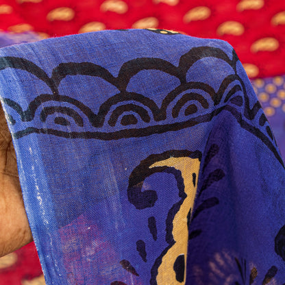 Sanskriti Vintage Saree Red & Blue 100%Pure Cotton Paisley Block Print 5+YD Sari