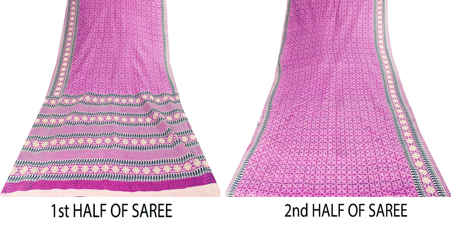 Sanskriti Vintage Sarees Purple Pure Cotton Floral Print 5+YD Craft Indian Sari