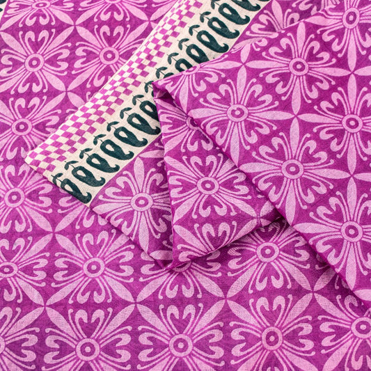 Sanskriti Vintage Sarees Purple Pure Cotton Floral Print 5+YD Craft Indian Sari
