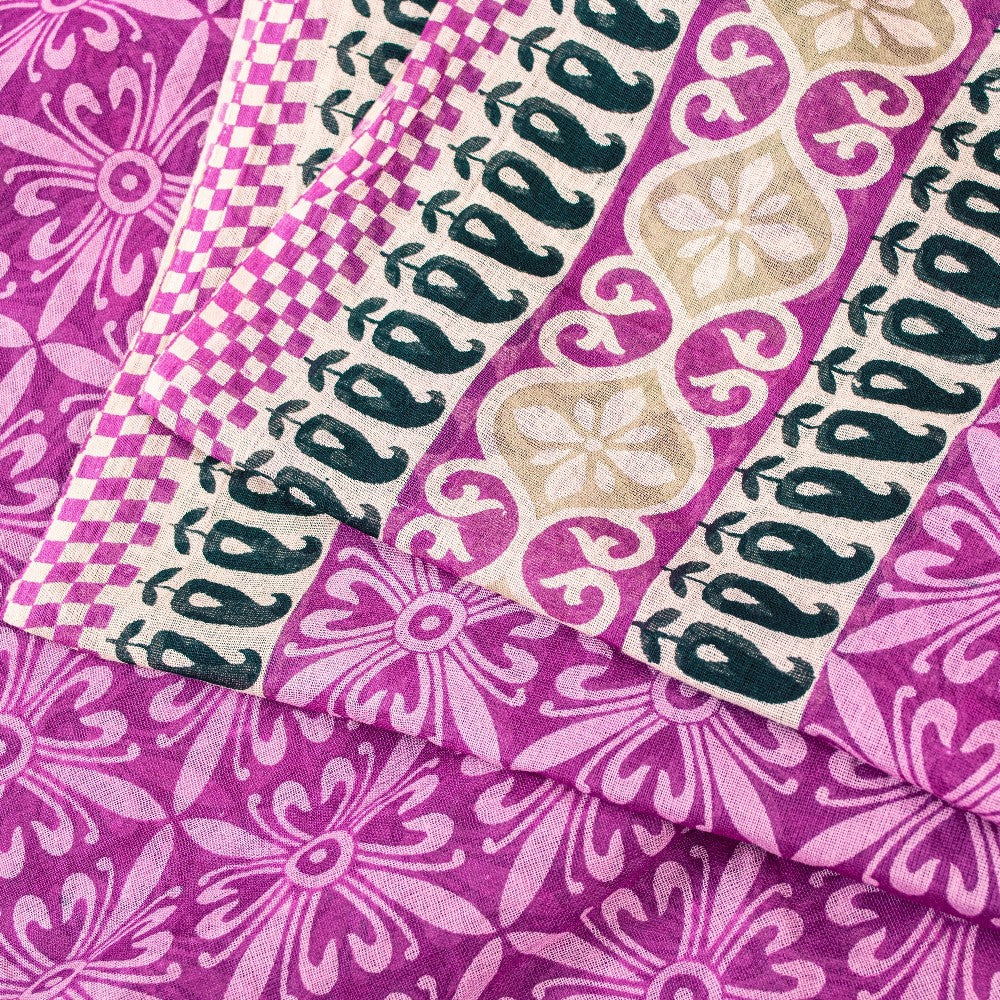 Sanskriti Vintage Sarees Purple Pure Cotton Floral Print 5+YD Craft Indian Sari