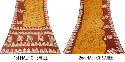 Sanskriti Vintage Sarees Saffron & Brown Pure Cotton Batik Work 5+YD Craft Sari