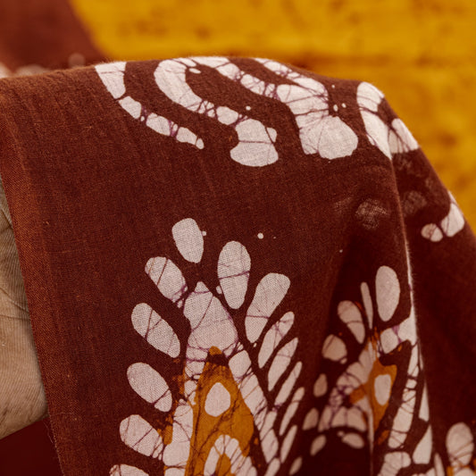 Sanskriti Vintage Sarees Saffron & Brown Pure Cotton Batik Work 5+YD Craft Sari