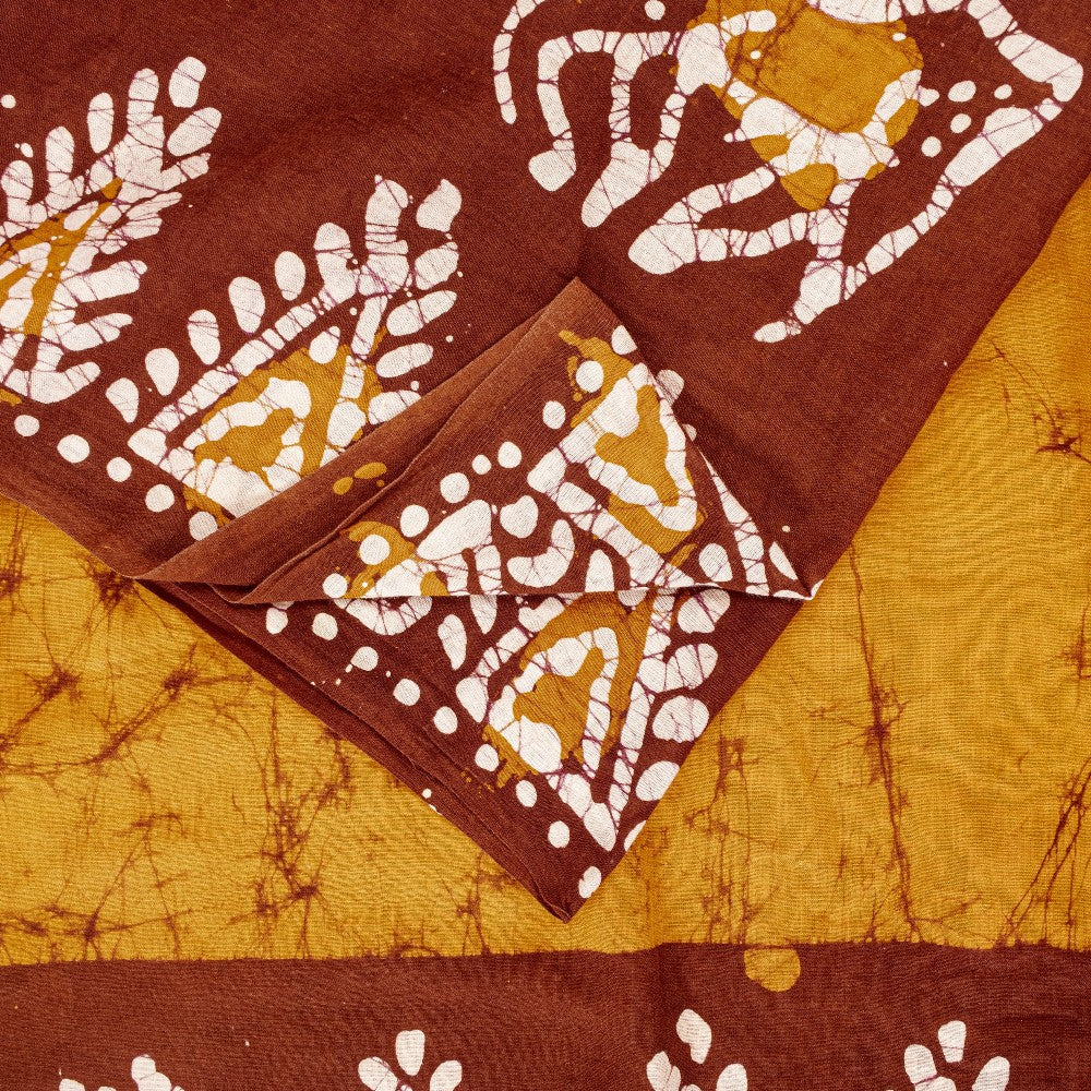 Sanskriti Vintage Sarees Saffron & Brown Pure Cotton Batik Work 5+YD Craft Sari