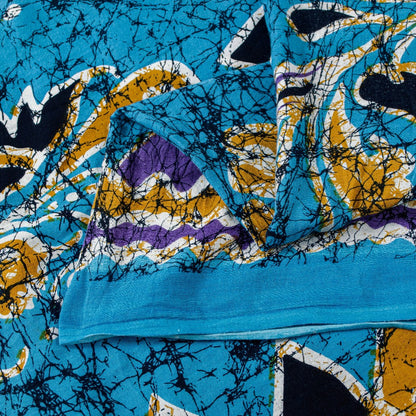 Sanskriti Vintage Saree Blue 100% Pure Cotton 5+Yd Saree Floral Batik Print Floral, Geometric, Abstract Heritage Sari Craft Sewing Supply