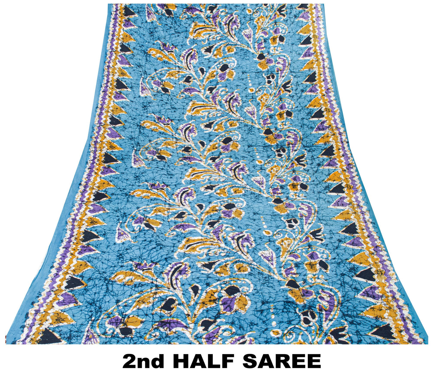 Sanskriti Vintage Saree Blue 100% Pure Cotton 5+Yd Saree Floral Batik Print Floral, Geometric, Abstract Heritage Sari Craft Sewing Supply