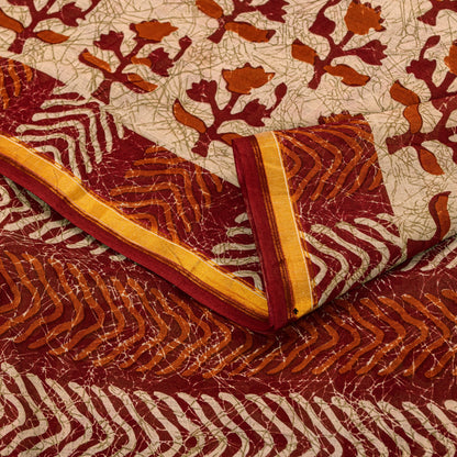 Sanskriti Vintage Sarees Ivory Pure Cotton Floral Block Print 5+YD Textile Sari