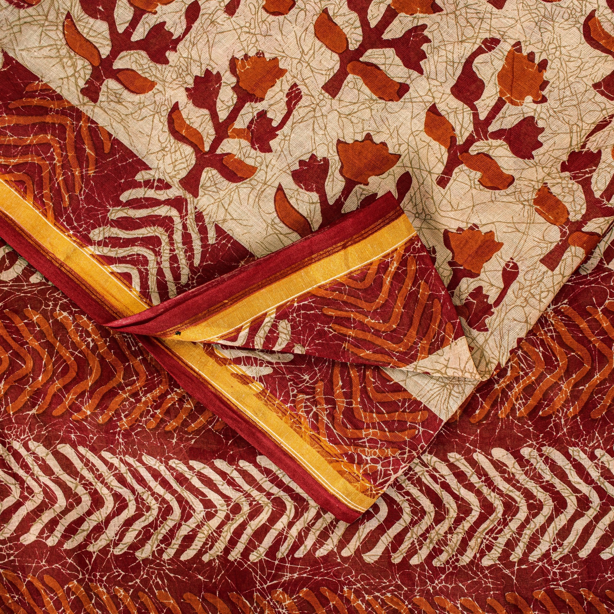 Sanskriti Vintage Sarees Ivory Pure Cotton Floral Block Print 5+YD Textile Sari