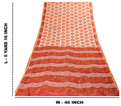 Sanskriti Vintage Sarees Ivory Pure Cotton Floral Block Print 5+YD Textile Sari