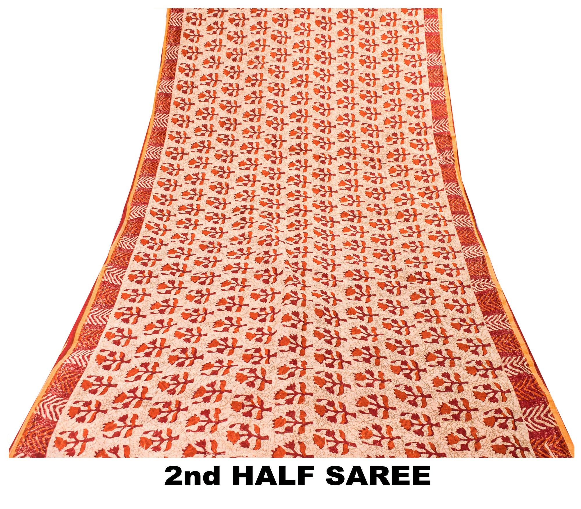 Sanskriti Vintage Sarees Ivory Pure Cotton Floral Block Print 5+YD Textile Sari