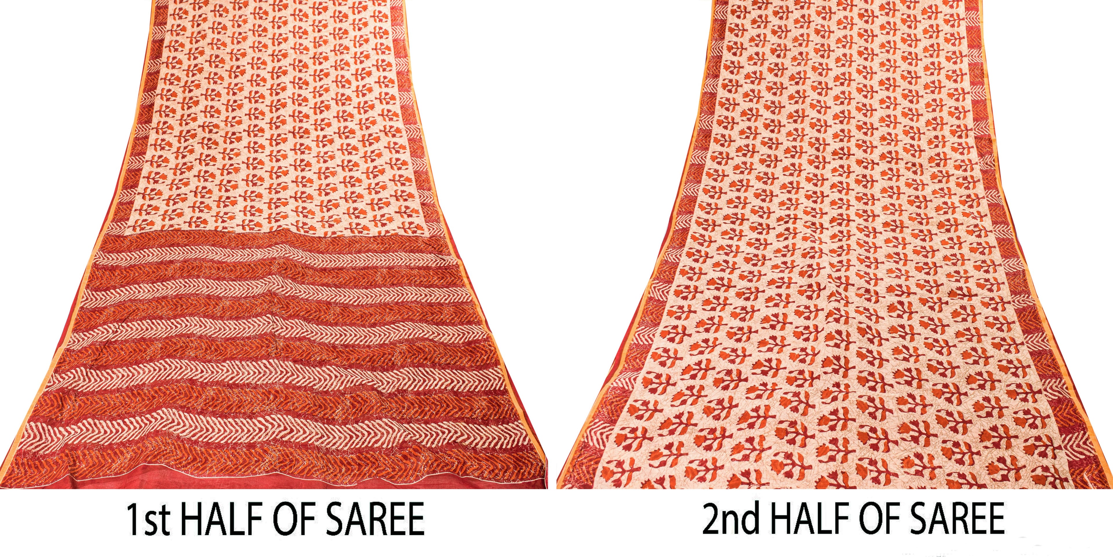 Sanskriti Vintage Sarees Ivory Pure Cotton Floral Block Print 5+YD Textile Sari