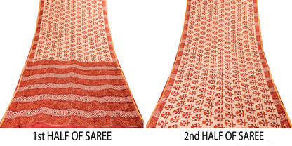 Sanskriti Vintage Sarees Ivory Pure Cotton Floral Block Print 5+YD Textile Sari