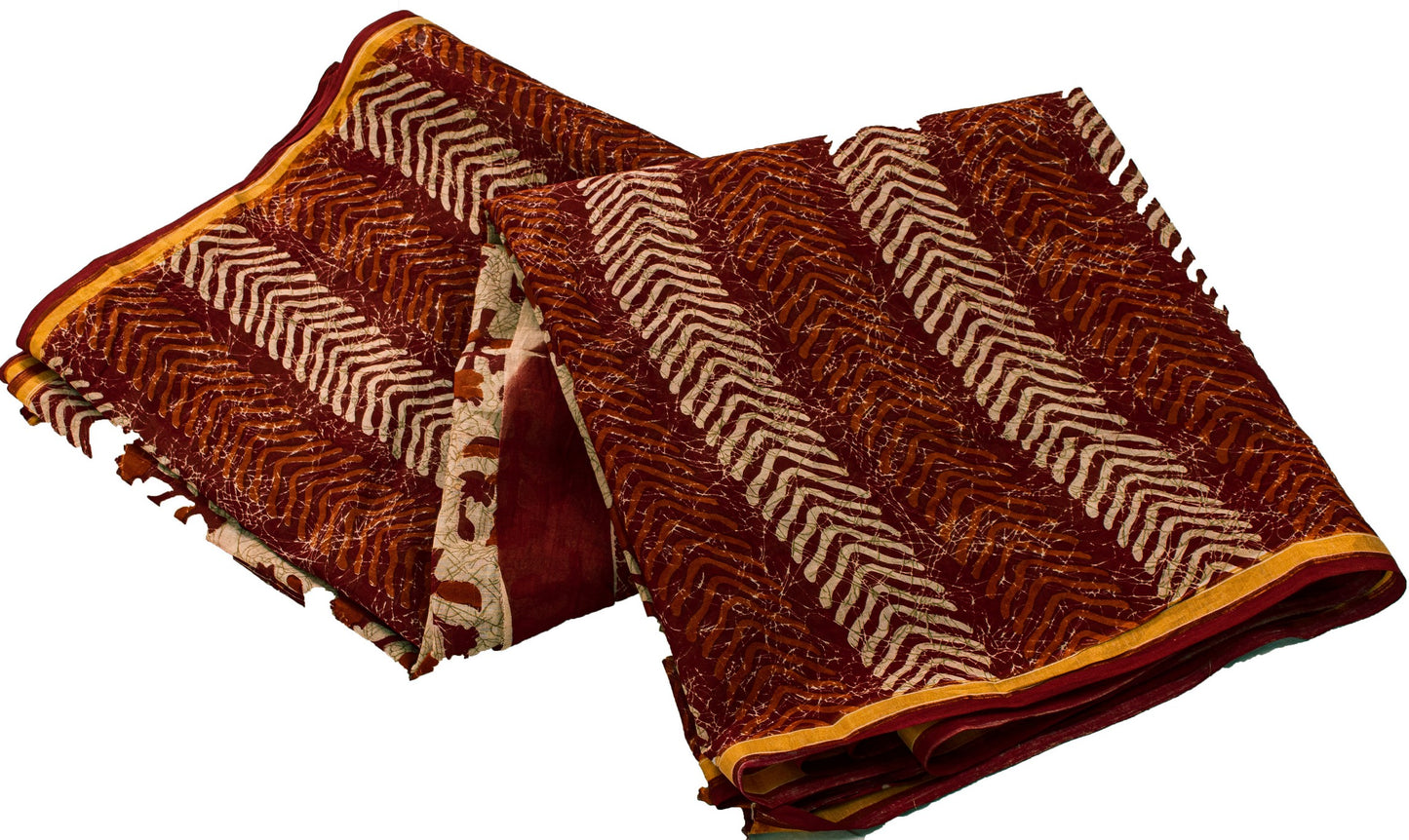Sanskriti Vintage Sarees Ivory Pure Cotton Floral Block Print 5+YD Textile Sari