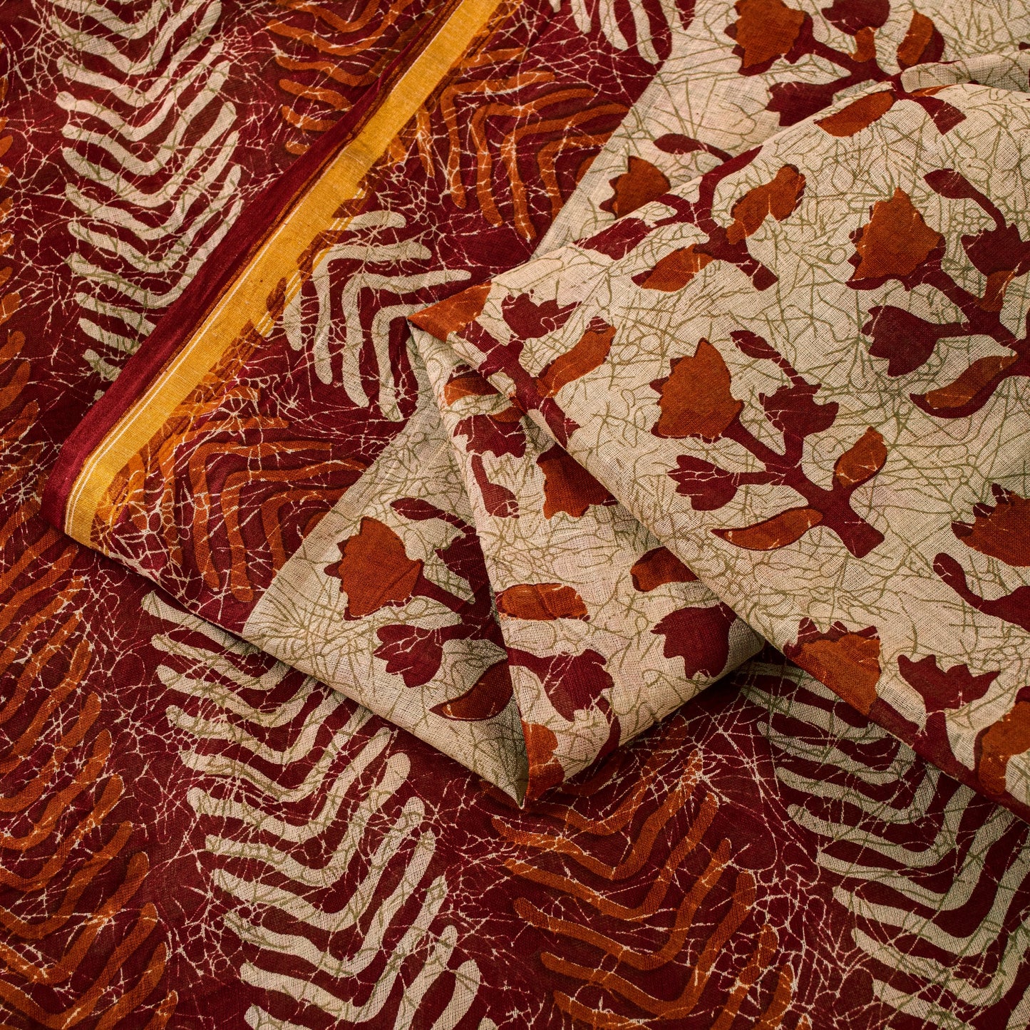Sanskriti Vintage Sarees Ivory Pure Cotton Floral Block Print 5+YD Textile Sari