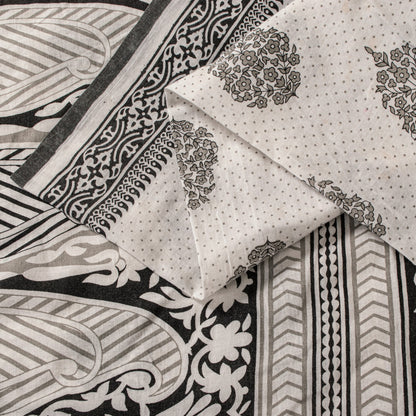 Sanskriti Vintage White-Black Pure Cotton Saree Digital Kalamkari Printed 5.5YD