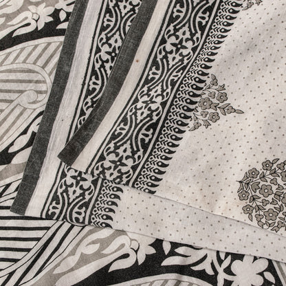 Sanskriti Vintage White-Black Pure Cotton Saree Digital Kalamkari Printed 5.5YD