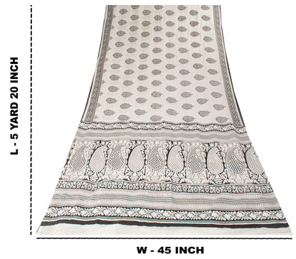 Sanskriti Vintage White-Black Pure Cotton Saree Digital Kalamkari Printed 5.5YD