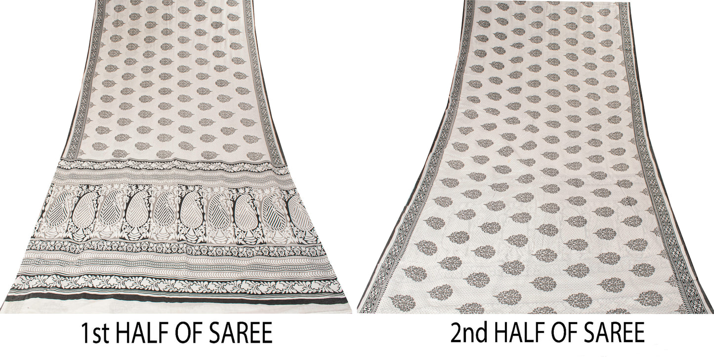 Sanskriti Vintage White-Black Pure Cotton Saree Digital Kalamkari Printed 5.5YD