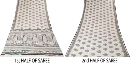 Sanskriti Vintage White-Black Pure Cotton Saree Digital Kalamkari Printed 5.5YD