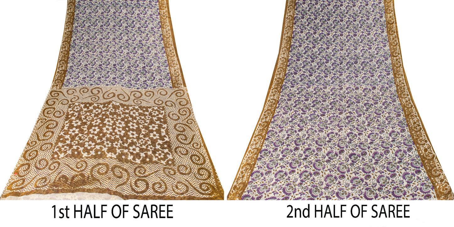 Sanskriti Vintage Purple Pure Cotton Saree Kalamkari Digital Printed Sari 5.5YD